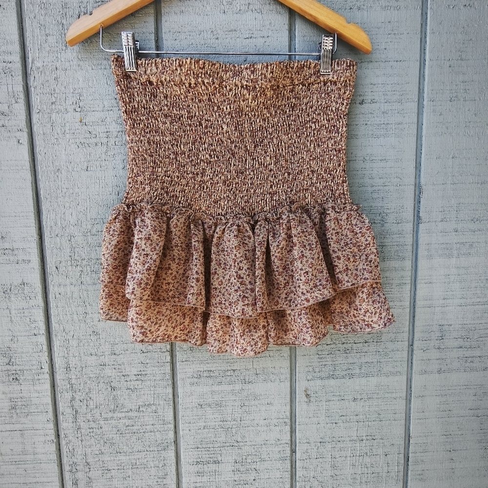 Mable Smocked High Waist Ruffle Mini Skort Floral sz L Brown Pink Feminine